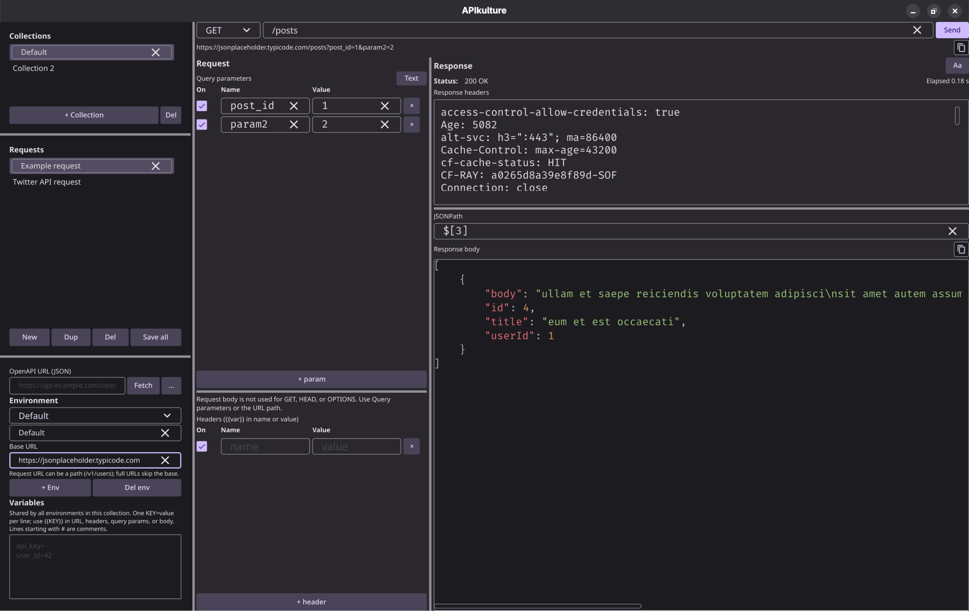 APIkulture desktop app showing a GET request, query parameters, response headers, and a JSON response body